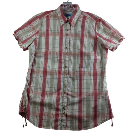 Columbia Womens L Retro Pink Check Plaid Outdoor Hiking Collared Button Shirt - Picture 1 of 12